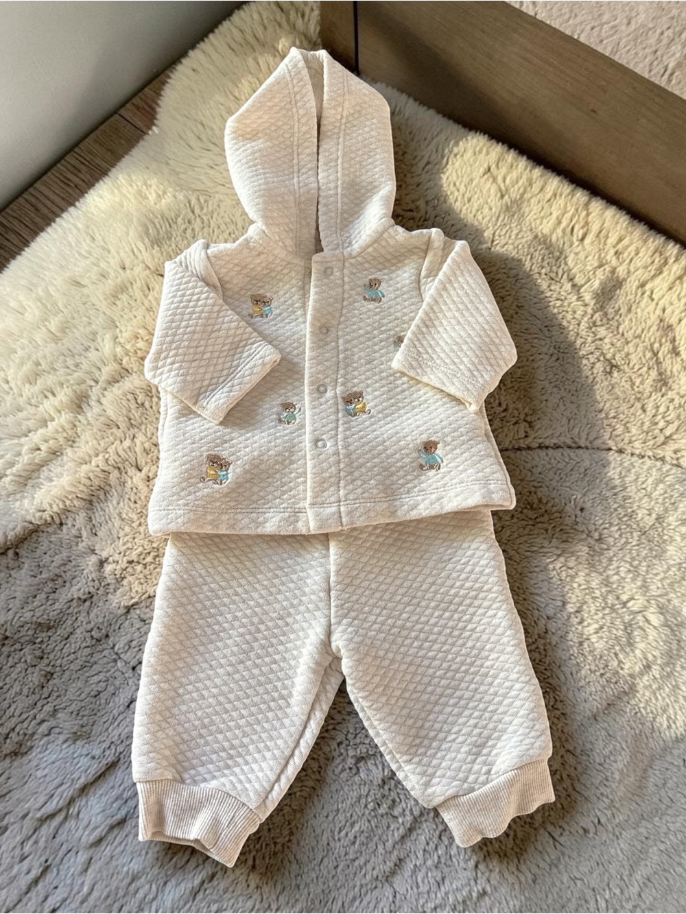 Little Me Baby Quilted Hooded Jacket & Pants Set Cream Embroidered Bears 3M